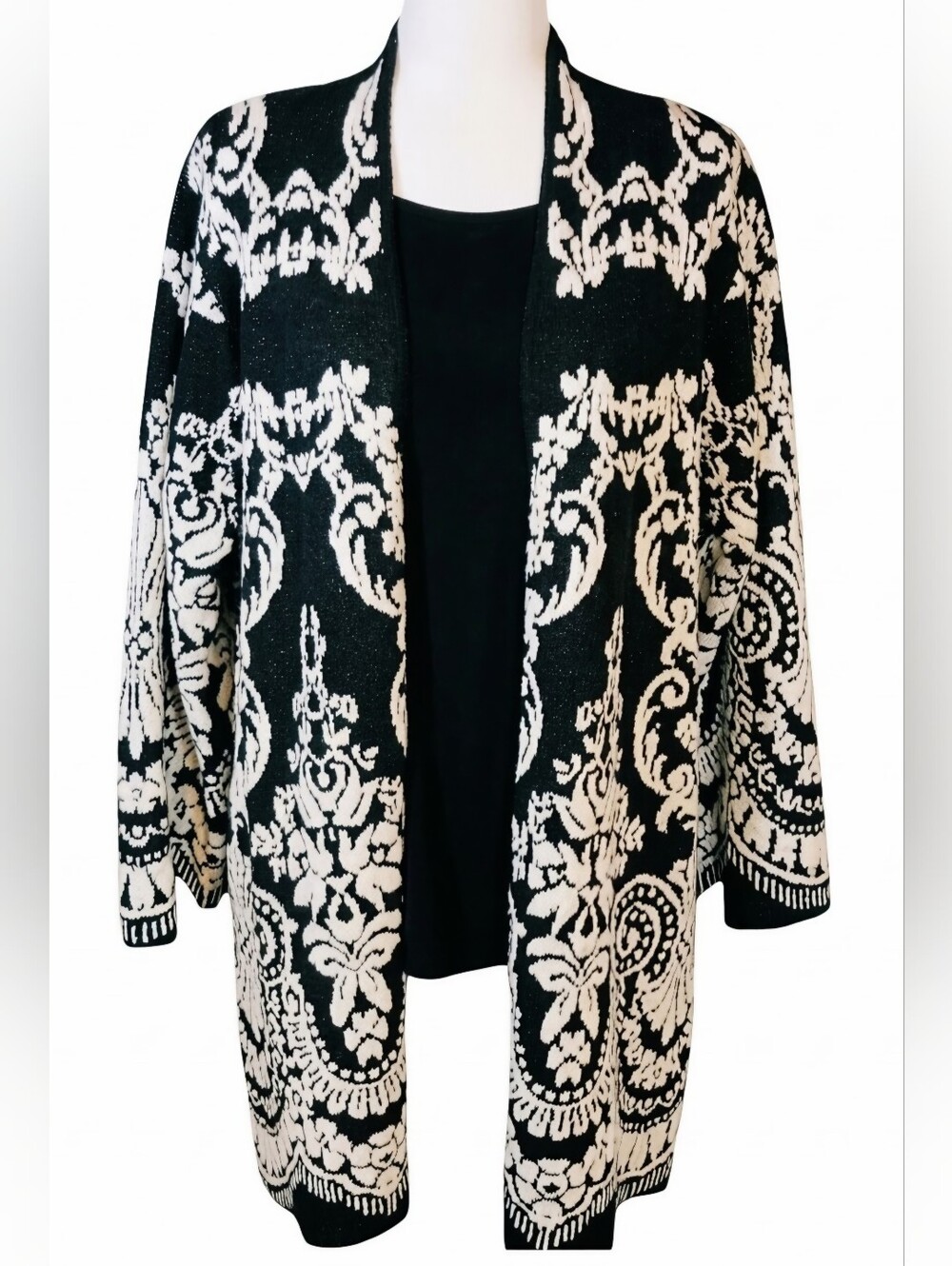 ​J. Jill Black White Damask Heavyweight Duster Cardigan Sweater Coat S